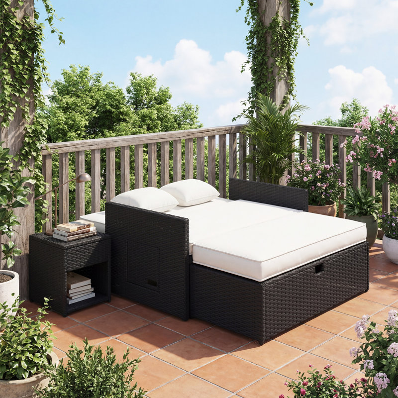 Outsunny Garden Rattan Furniture Set 2 Seater Patio Sun Lounger Daybed Cream