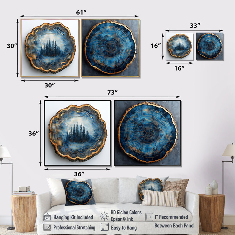 «Blue Forest Of Wood Slide Collage I», art mural forêt - ensemble d'art mural traditionnel 2 pièces, Floater Framed, Cream
