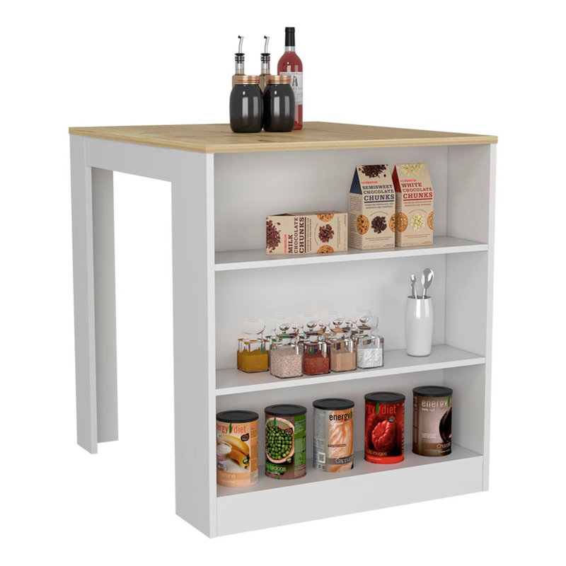 Table pour îlot de cuisine, deux pieds, trois tablettes latérales, blanc / pin