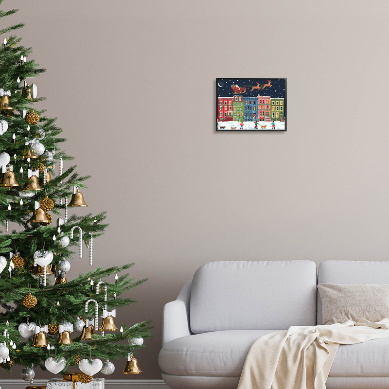 Ville de Noël enneigée : le Père Noël à  -247, H 11 po x l 14 po x P 1,5 po, Giclée encadrée noir minuit