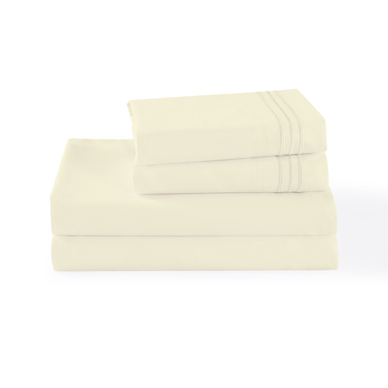 3/4 Pcs Soft Solid & Embroidery Bed Sheets Set, Cream, Queen