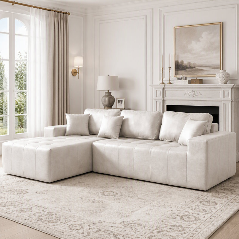 Canapé-lit à compression en L sans assemblage, Similicuir beige - Méridienne gauche, Similicuir beige