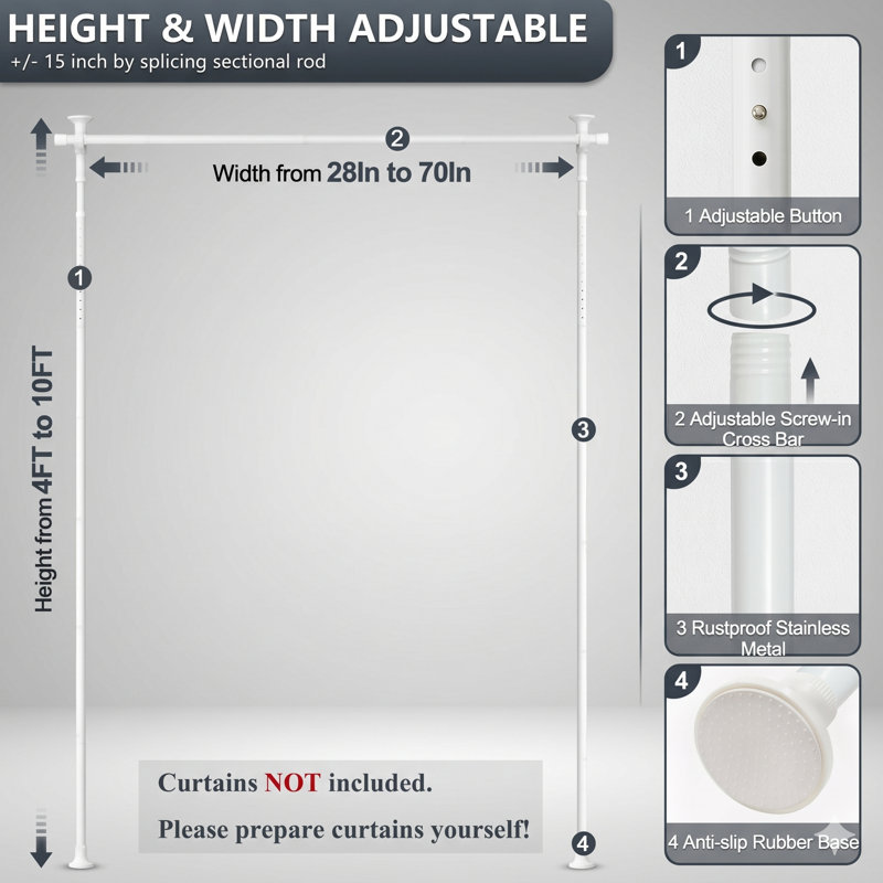 Ebern Designs Room Divider, No Drilling Curtain Rod For Room Separation ...
