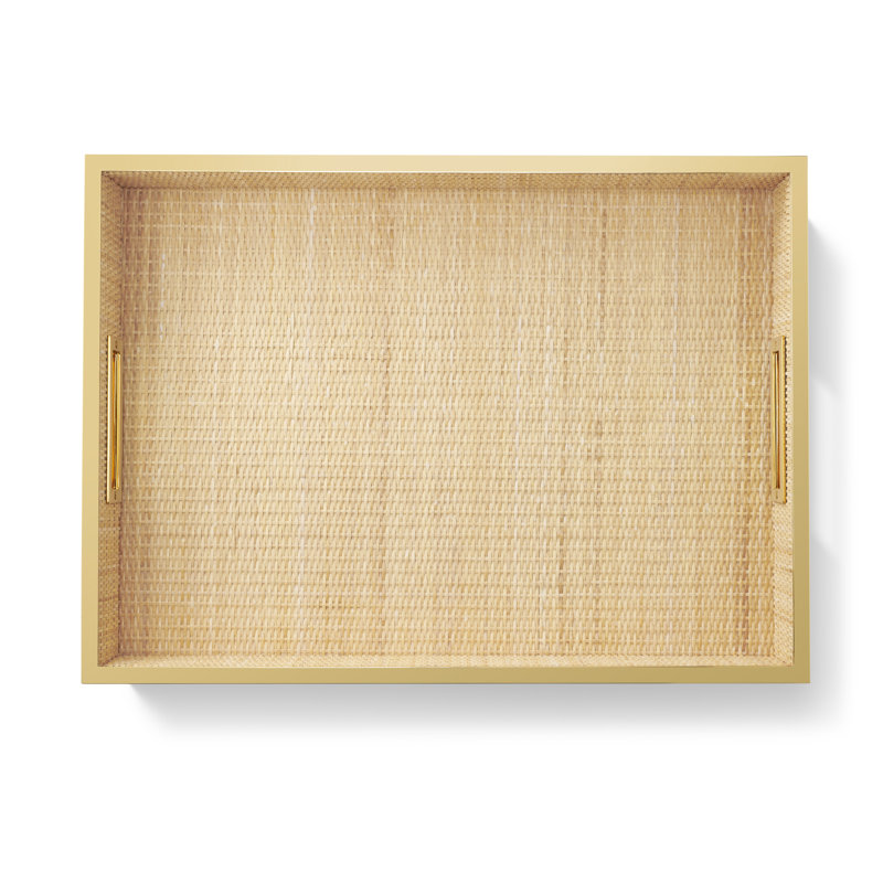 Rectangular Woven Cane and Brass Decorative Tray
