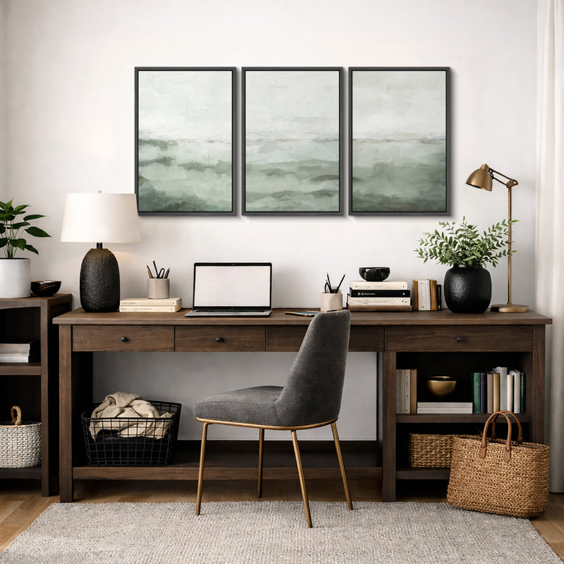 «Minimal Landscape», art organique moderne vert sauge, images murales abstraites simples dans la chambre à coucher, grand ensemble de 3 impressions murales sur toile, 16 x 24 x 3, 24 x 36 x 3