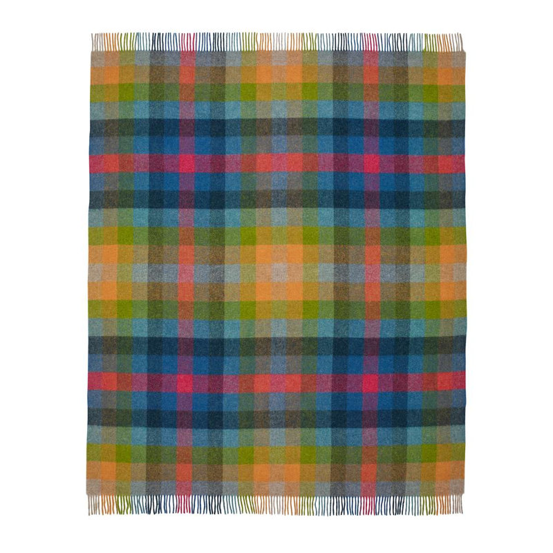 Jeté en laine Shetland, Bleu / vert / orange / mauve géométrique