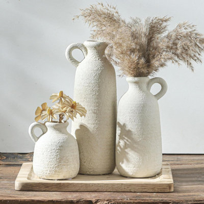Ceramic Vase Set Of 3 With Handles, Rustic Farmhouse Home Decor Vases For Table Centerpiece, Mantel, Bookshelf, And Entryway In Whitewashed Pottery Finish