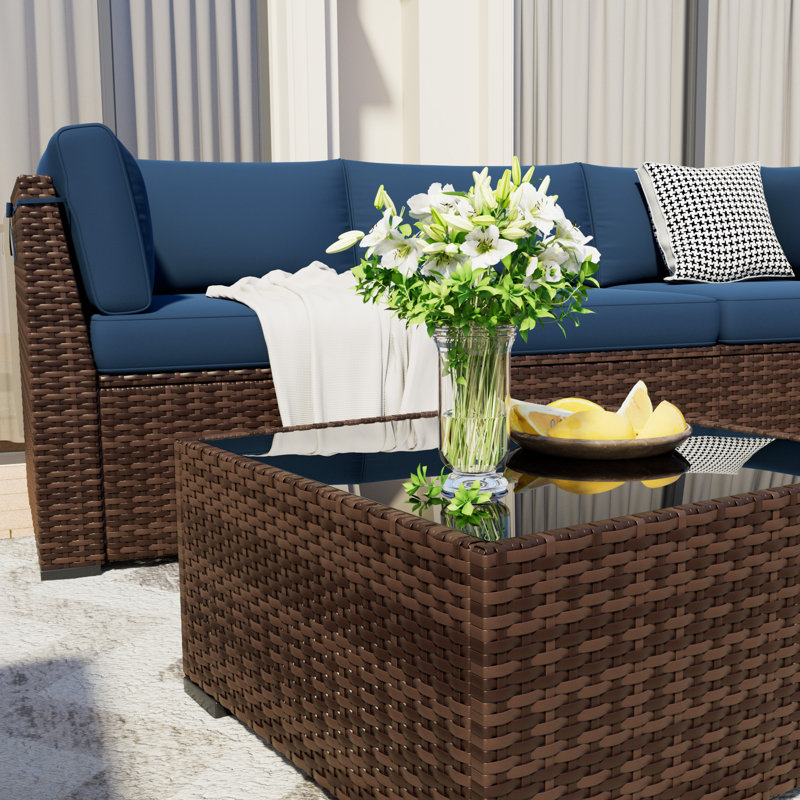 Treyshun Wicker 6-Person Sectional Conversation Sets with Cushions, No, Navy