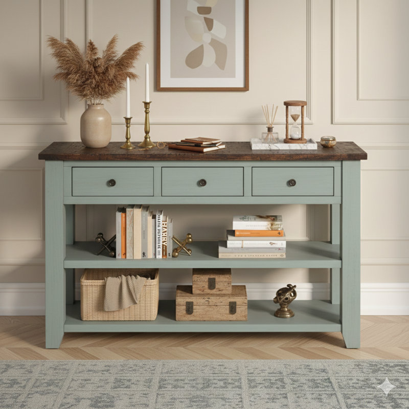 Console de 48 pouces avec un plateau en bois de pin massif, trois tiroirs de rangement et deux tablettes. Facile à assembler. Combinaison de couleurs: bleu rétro avec plateau brun.