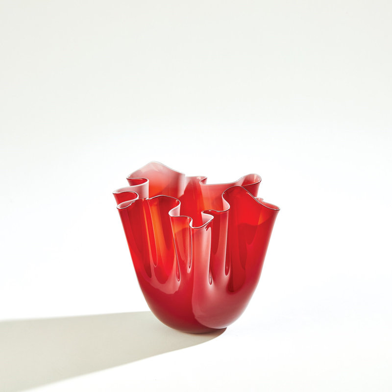 Handkerchief Handmade Glass Table Vase, Deep Red, 7.5" H x 8.75" W x 8.75" D