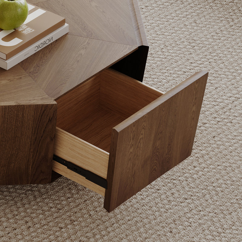 Hexagonal Wood Veneer Coffee Table With Double Drawers – Rotating Storage Table