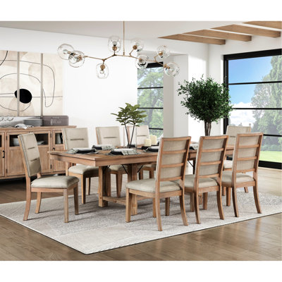 Oak 9pc Dining For Casual Room, Self - Storing Leaf Rectangular Table And 8 Beige Textured Fabric Side Chairs Office Meal Rustic : Seating Mediterrane