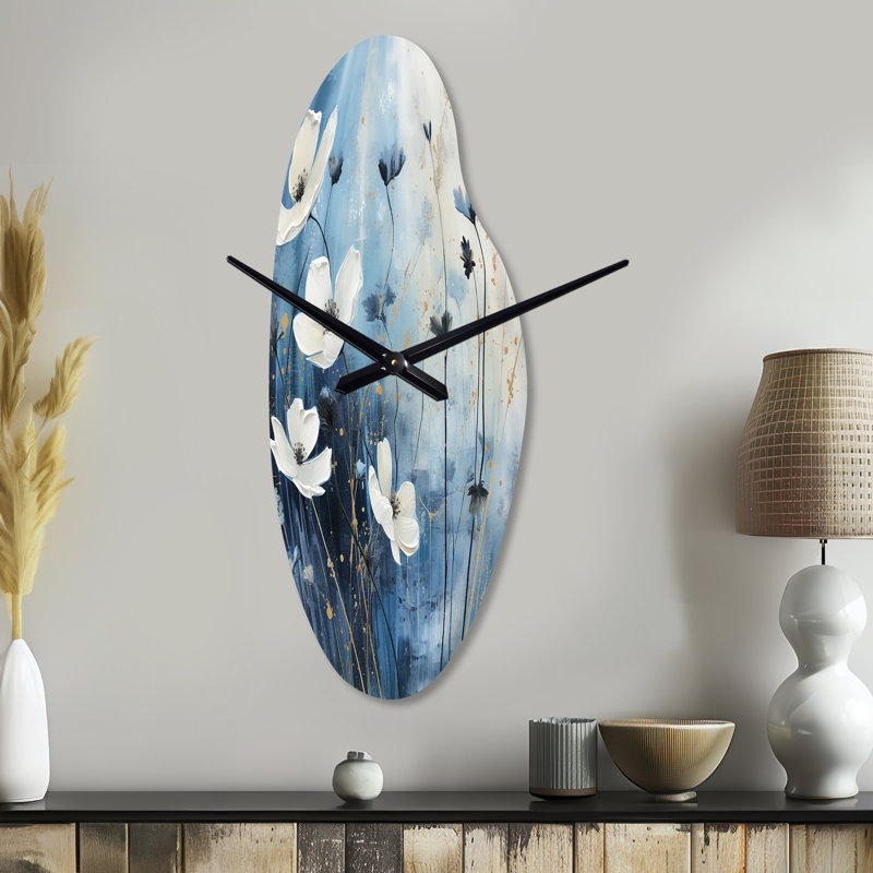 Horloge murale en métal blanc et bleu Evylin Fields of Wildflower Beauty - Wildflowers, Grand