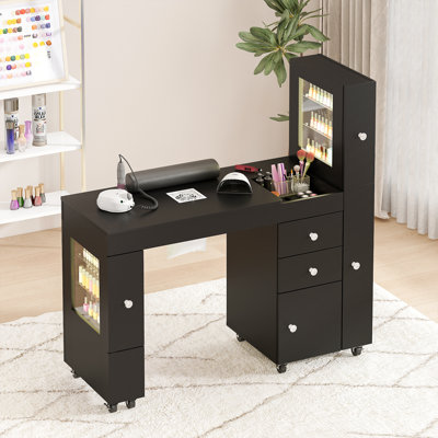 Professional Manicure Table Nail Desk with Dual Display Shelves, Locking Wheels, Wrist Cushion, and Built-in Dust Collector