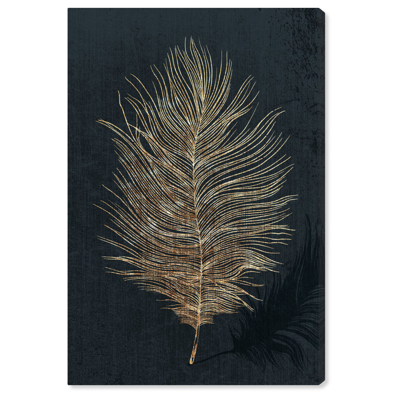 Plume dorée, plume métallique moderne noir - impression sur toile, H 15 po x l 10 po x P 1,5 po, Toile tendue
