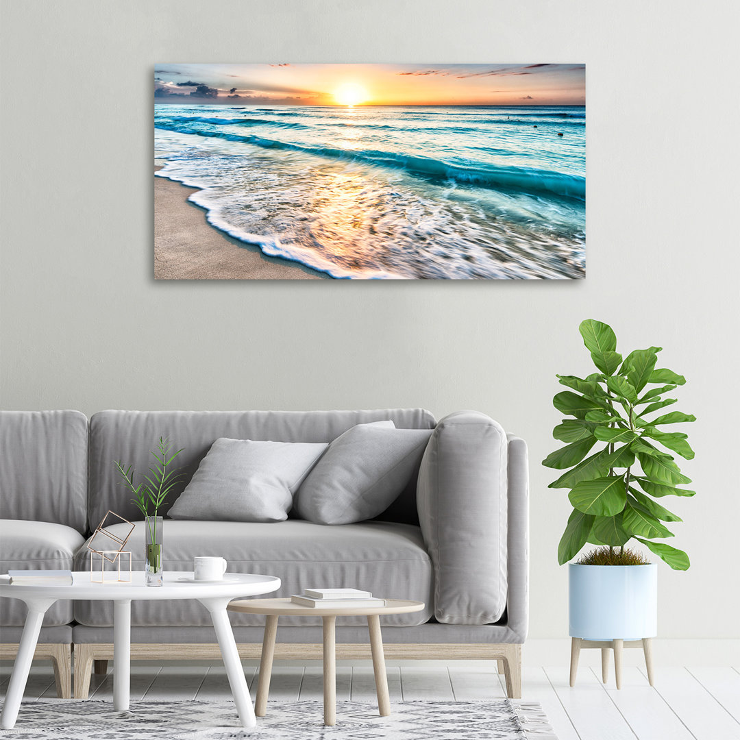 Leinwanddruck - Wandkunst - Drucke auf Leinwand - 100X50 Bildmotiv: Sonnenuntergang Strand