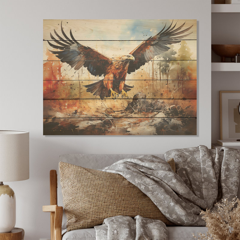 Eagle In Flight Hunting - Hunting & Fishing Wood Wall Art On Natural Pine Wood, 24" H x 32" W