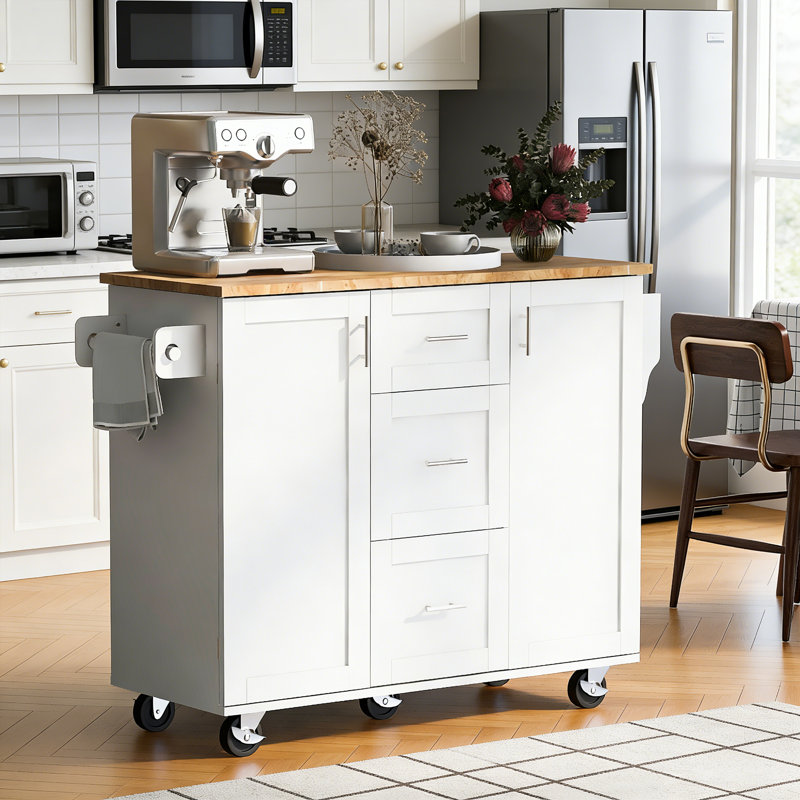 Kitchen Island With Rubber Wood Top, White