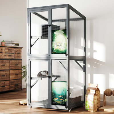 Gray 70-inch Cat Enclosure With Wheels, Roomy Climbing Platforms, Lockable - Shaped Sliding Doors And Waterproof Pinewood Outdoor Window Activity Suns