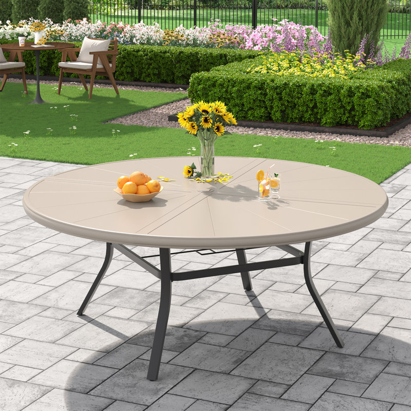 4-Person Aluminum Round Patio Dining Table, Walnut, 28" H x 53.1" L x 53.1" W