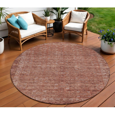 Tapis d'intérieur/extérieur rond 8' à motifs floraux, couleur terre cuite et rouille, lavable