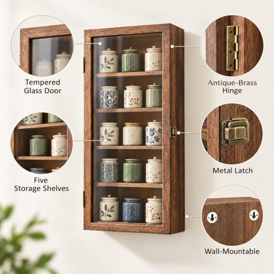 Wooden Wall Mounted Display Case with Glass Door, 5 Shelf Collectible Storage Cabinet