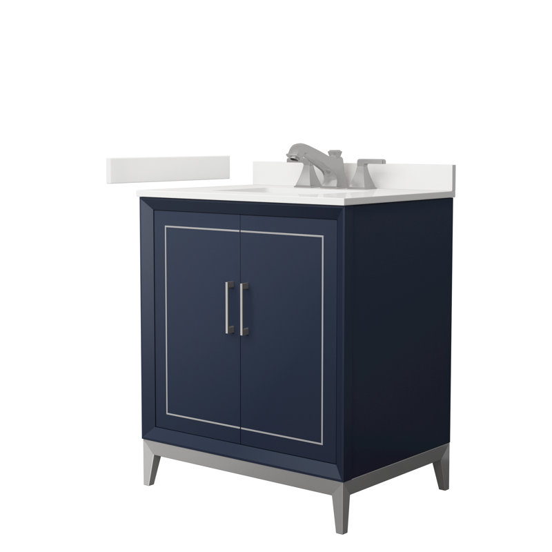 Ensemble de meuble-lavabo simple 30 po avec plateau Marlena, Quartz Giotto, Bleu très foncé, Nickel brossé