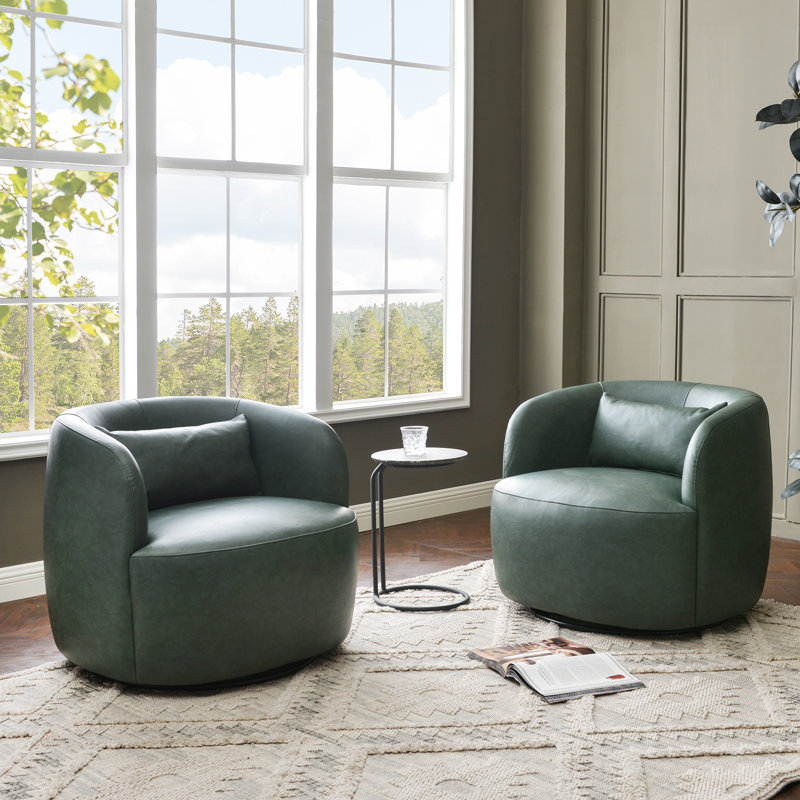Bruschi 34" Wide Modern Faux Leather Upholstered Swivel Armchair (Set Of 2), Green