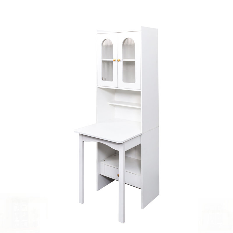 Fold-Out Convertible Writing Table, Desk Cabinet with Shelf and Drawer for Multi-Function Home Office Workstation, Gold