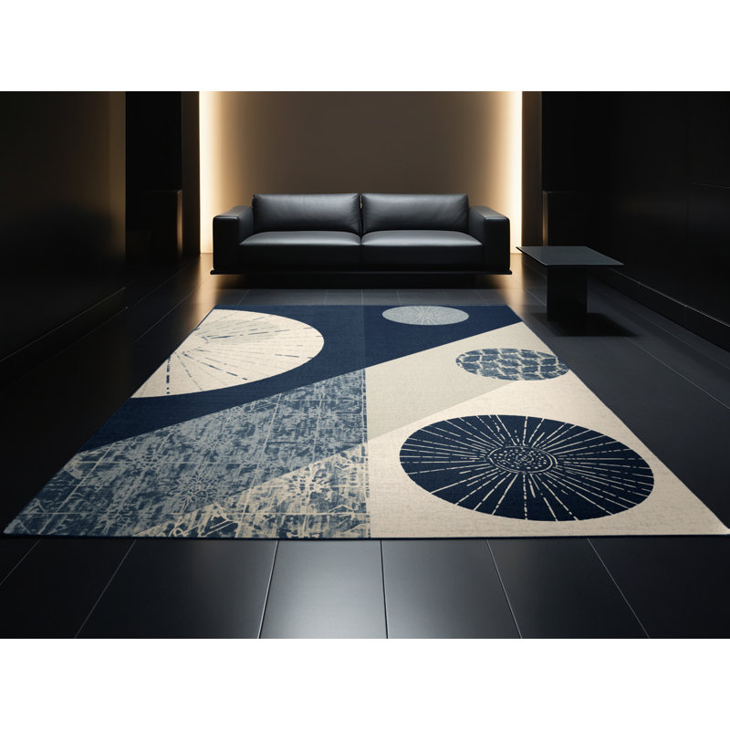 Machine Washable Paulett Global Inspired Block Print Rug in Beige – Navy Binding, 2 x 4
