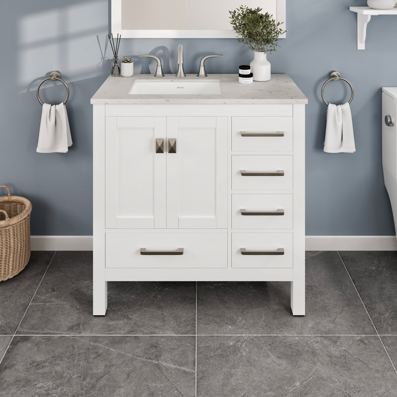 Minnich 36"W x 22"D Bathroom Vanity with Undermount Porcelain Sink, White, Quartz - White Carrara
