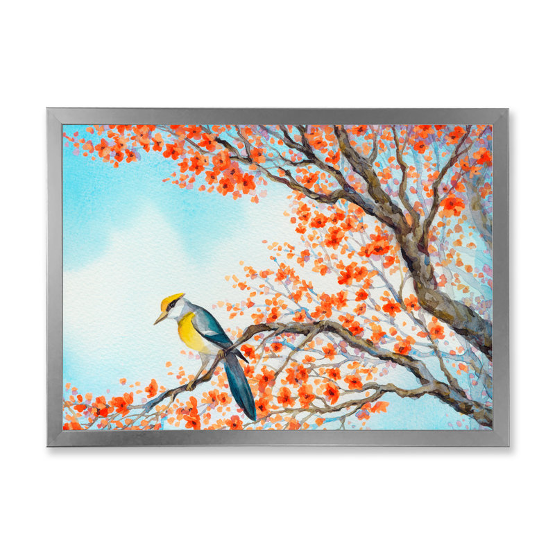 Magnifique oiseau orange sur une branche en fleurs - Peinture sur toile encadrée, H 12 po x l 20 po x p 1 po