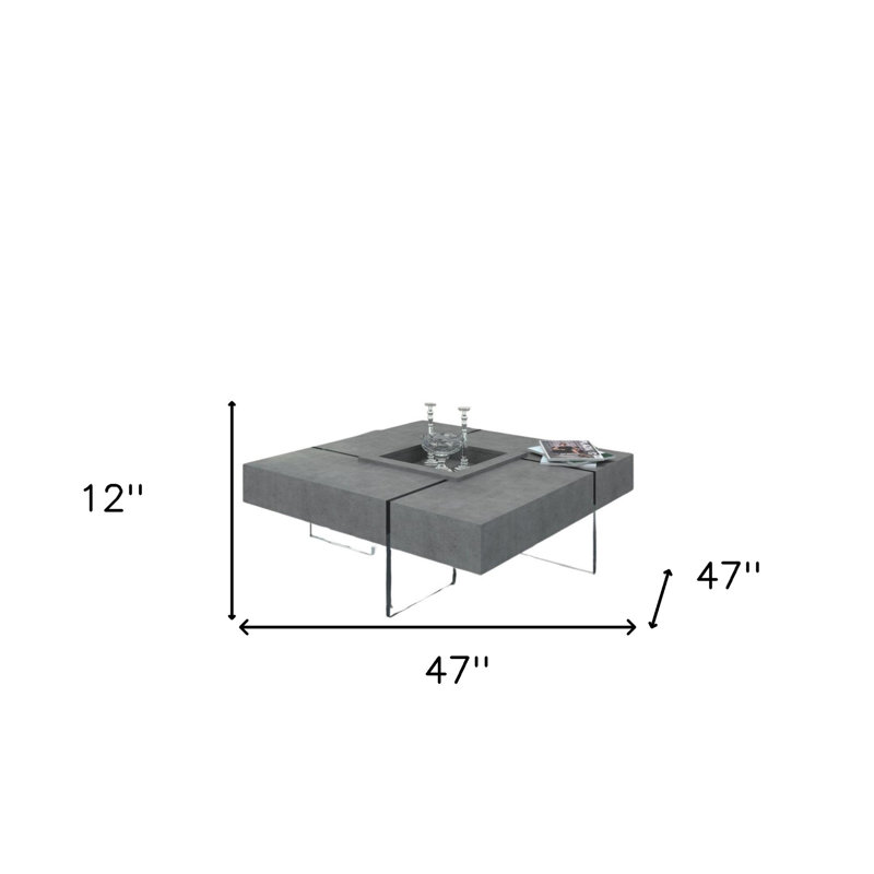 Table basse 47 "carrée en béton et verre transparent gris 47"
