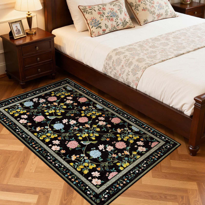 Tapis floral lavable antidérapant Botanical, 3'x 5', Black