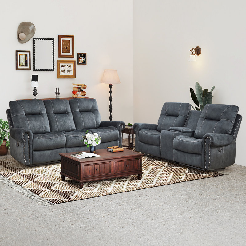Manual Reclining Sofa And Loveseat Living Room Set With Classic Microfiber, Slate Blue