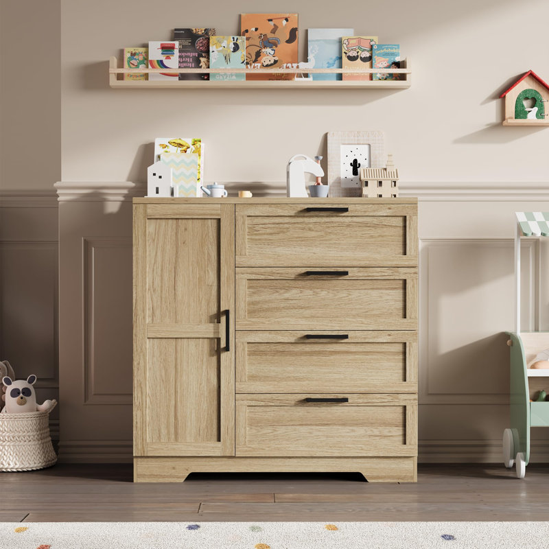 Petite armoire 43,3 po, armoire avec porte, 4 tiroirs et tringle, commode en bois avec 4 tiroirs, Naturel