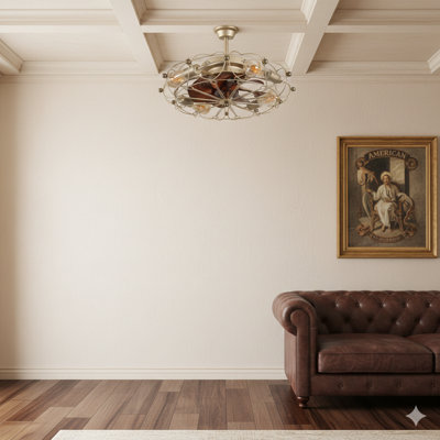 Un ventilateur de plafond à profil bas avec éclairage intégré, avec une conception en cage, une télécommande et un style industriel moderne conçu pour être encastré.