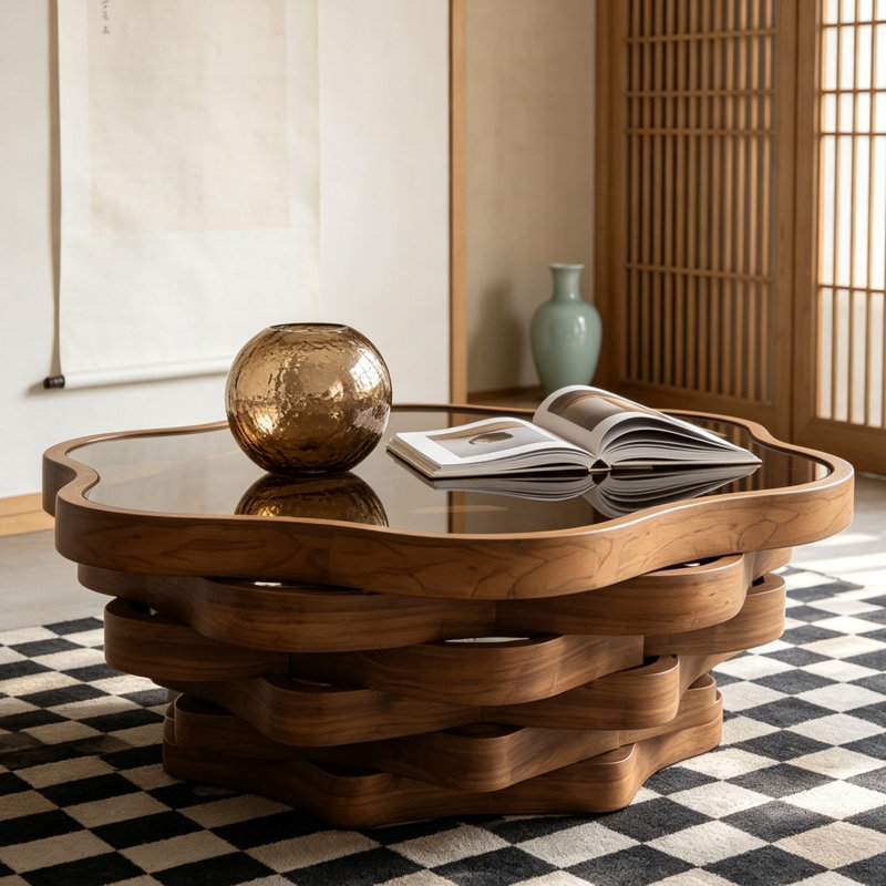 Table basse avec plateau en verre trempé en forme de nuage, base en bois ondulé irrégulier avec finition noyer, table à cocktail artistique moderne pour le salon, appartement et petits espaces