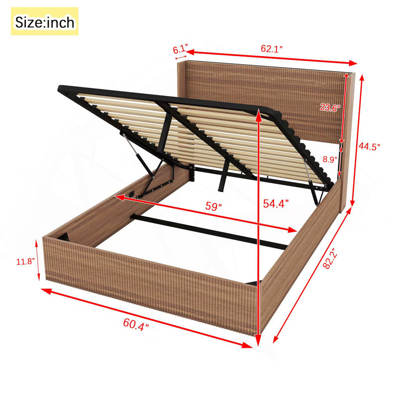 Large Grooved Undulating Lift Storage Bed Frame, Wooden Platform Bed Frame With Lift Storage, No Spring Box Required/No Noise, Rustic Brown Slatted Natural Wood(Queen)