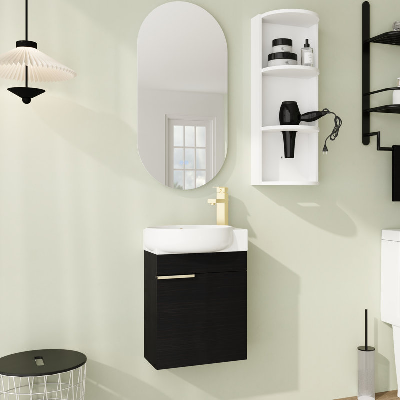 Ensemble de meuble-lavabo mural simple 16 po avec plateau en céramique et portes à fermeture douce, Noir