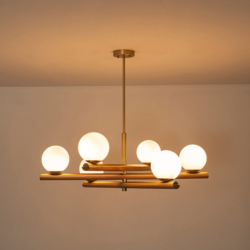 6-Light Glass Globe Wood Accents Modern Tiered Chandelier