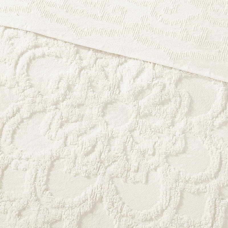 Couvre-lit à médaillon en coton chenille, Housse de couette très grand et 2 taies, Blanc cassé