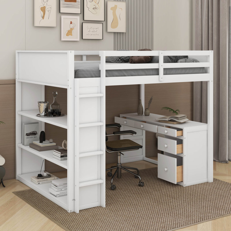 Lit mezzanine double avec tablettes et bureau