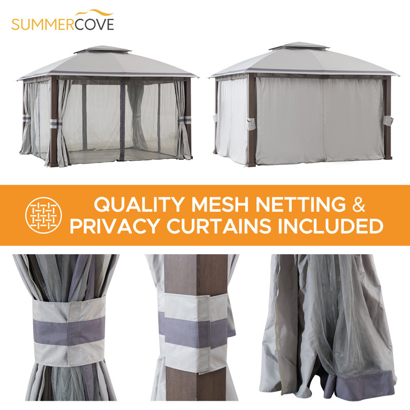 Sunjoy Outdoor Patio Steel Frame 11 x 13 ft. 2-Tier Soft Top Gazebo with Light Gray Canopy Roof, Netting and Curtains, Gray