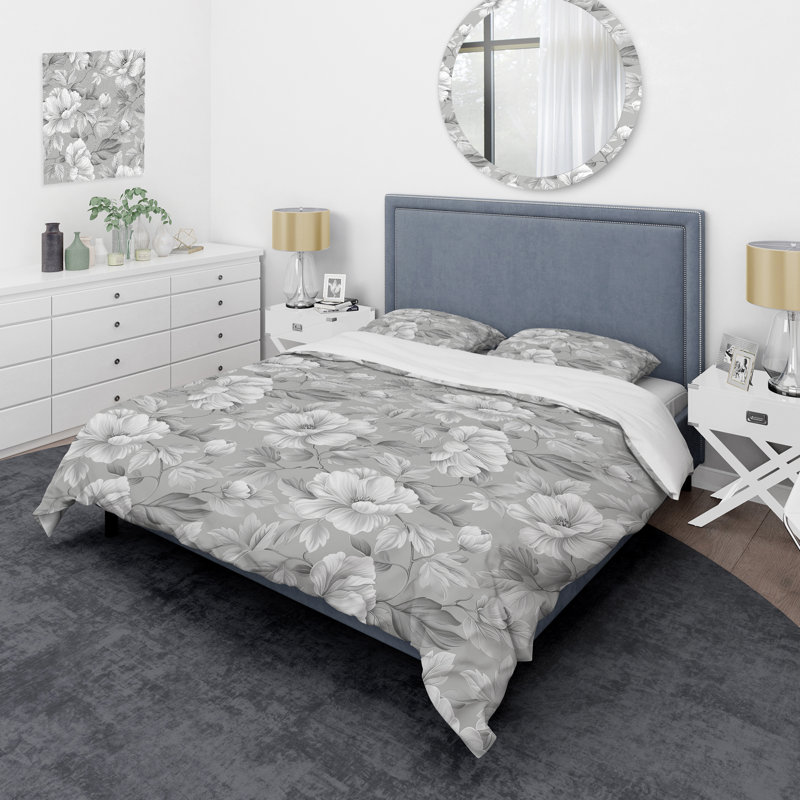 Ensemble de housse de couette Grey White Floral Dream I - Glam, Housse de couette pour grand lit + 2 taies décora