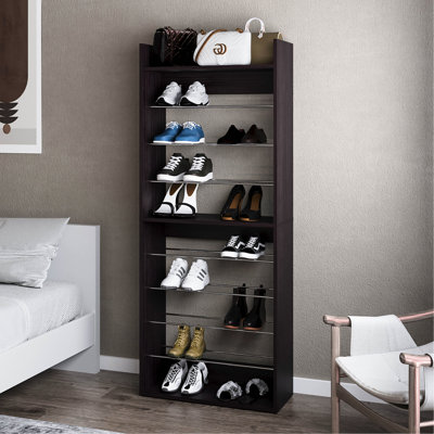 Étagère à chaussures avec rails en métal, neuf tablettes, structure en bois, finition pour le rangement de la chambre à coucher et optimisation de l'utilisation décorative