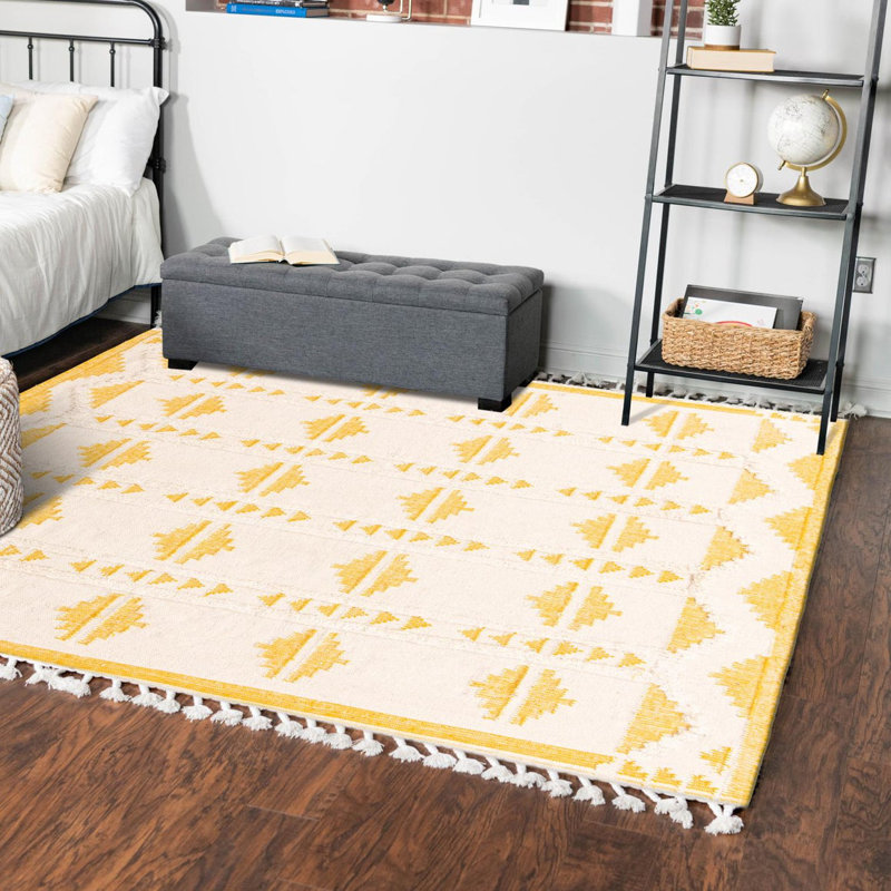 Tapis en laine tissé à plat à la main à motif géométrique blanc / jaune Faver, Carré 8 pi