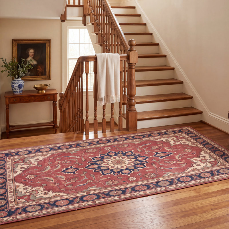Tapis Cliff traditionnel à médaillon délavé de style persan, bleu marine, orange, or, vert, crème, ivoire, lavable à la machine, antidérapant, à poils courts, pour intérieur et extérieur, adapté aux animaux domestiques, idéal pour le salon, la chambre, la salle à manger, l'entrée, le couloir ou le bureau.