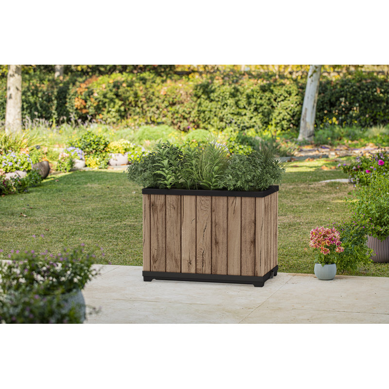 Keter Signature 21.7 Inch Tall Rectangular Large Wood Look Planter for Indoor or Outdoor Flower Pot, Pine