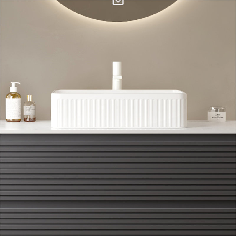 Lavabo de salle de bain 20 po, vasque rectangulaire en céramique rayée sans robinet, sans armoire, White, White